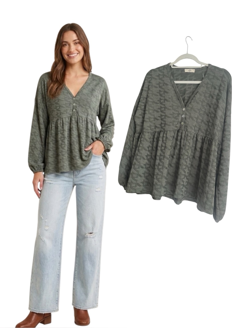 ENTRO Sage Olive Green Textured Babydoll Tunic Top Long Sleeve Medium
